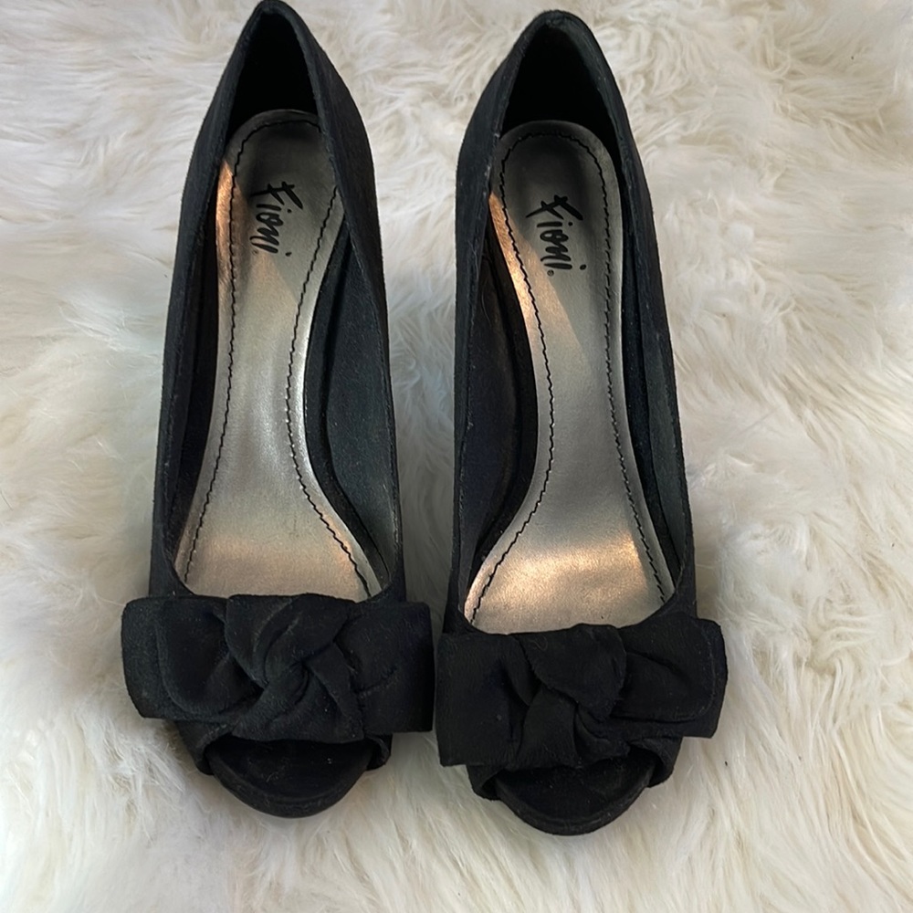 black suede open toe pumps